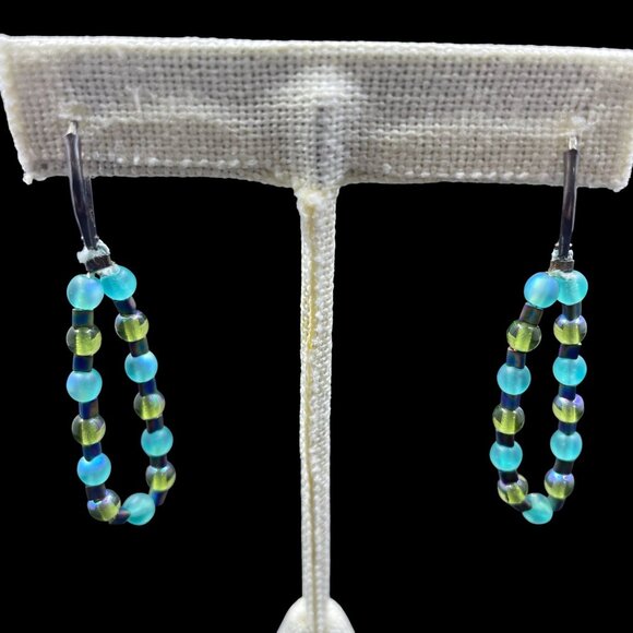 Long Iridescent Beaded Necklace Earrings Set Coastal Mermaid Tropical Gorpcore - Picture 3 of 8